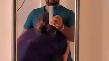 Hot wife boob sucking by husband in front of mirror